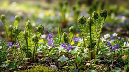 Vibrant spring forest floor with emerging ferns and colorful wildflowers blooming in sunlight
