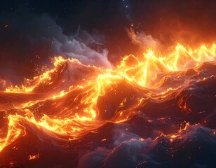 Fiery waves surge under a dark, cloudy sky. Glowing oranges and reds create an intense, dramatic scene