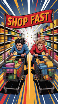Dynamic supermarket race illustration with shoppers pushing carts under shop fast banner, comic style retail promotion art