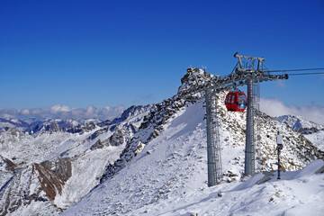 Cable car at Dagu Glacier National Park, Sichuan China the "youngest," lowest-altitude, and closest glacier to major city in the world with stunning views of snow-capped mountains and turquoise lake