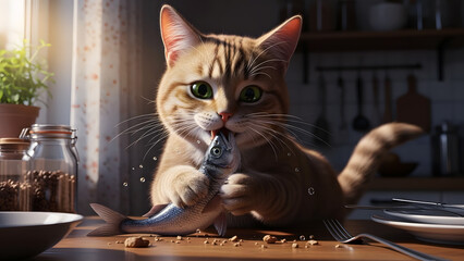 Cute ginger tabby cat eating a fresh whole fish on a kitchen table