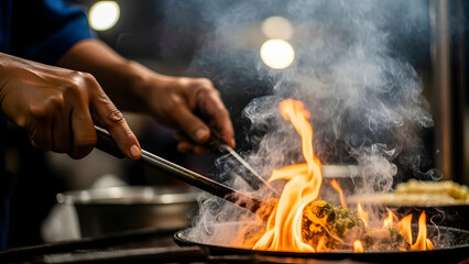 Culinary artistry with dramatic open flame flaming cooking technique display