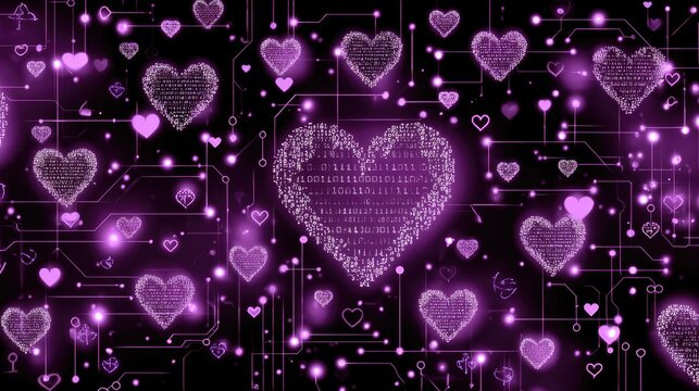 Digital Love: Futuristic Neon Heart with Binary Code and Circuit Elements