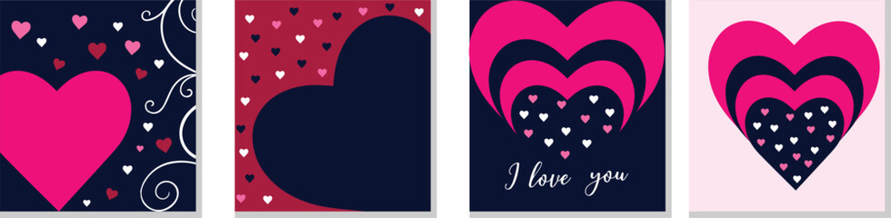 Four vertical valentine cards featuring various patterns of pink and red hearts on a dark navy blue background