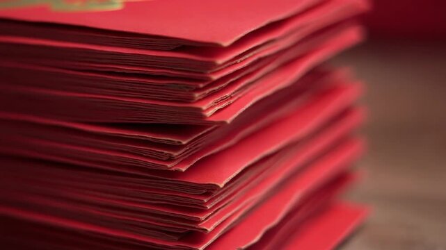 A stack of red envelopes with gold designs on a wooden surface, viewed closely