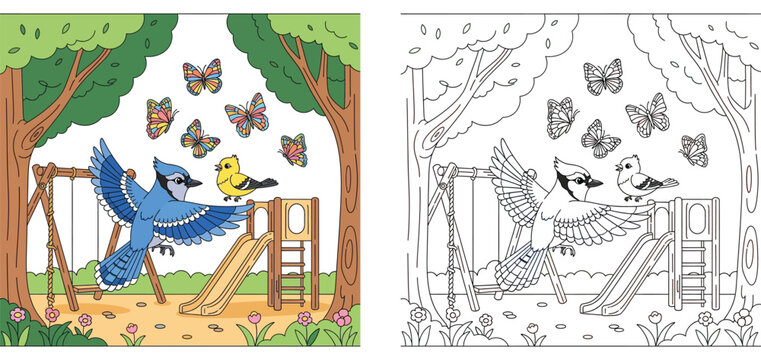 Cute Cartoon Blue Jay and Yellow Bird with Butterflies at a Playground in a Park Forest