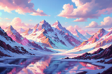 Generative AI: Enchanted Pastel Mountain Lake Landscape