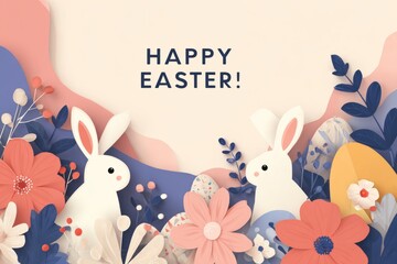 Happy easter text with bunnies, eggs, and spring flowers