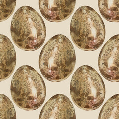 Watercolor Easter seamless pattern with quail egg on beige background. Celebration food for spring menu. Brown art with new life of bird. Hand-drawn for cookbook and wallpaper or wrapping