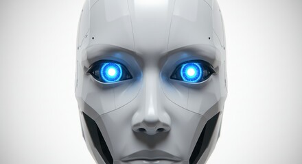 Futuristic robot head with glowing blue eyes gazing intently forward isolated