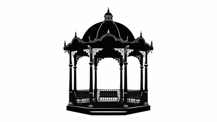Ornate Black Gazebo Structure Isolated on White Background.