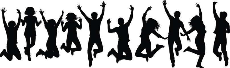 Large Group of Happy People Jumping and Celebrating Together Silhouette Set Isolated on White Background for Success Achievement and Joy Concept