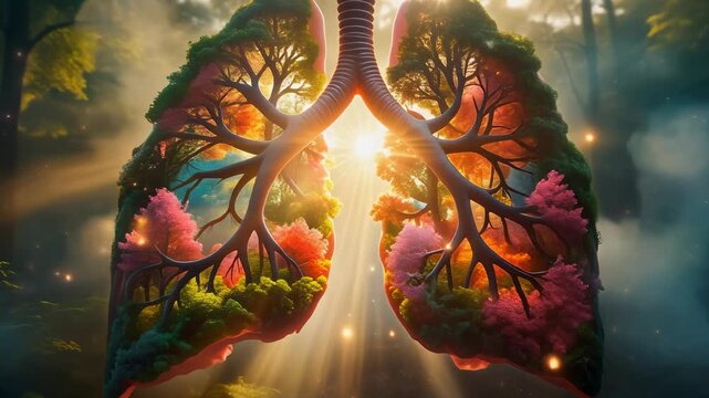 Surreal 3D animation of human lungs opening to reveal a vibrant colorful forest inside, warm