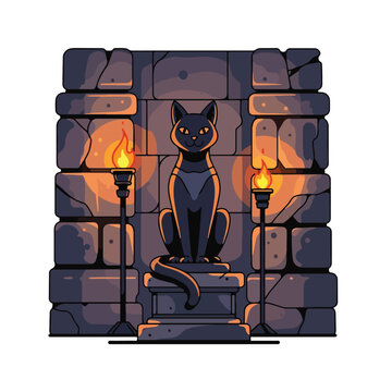 A black cat sits on a stone pedestal between two torches