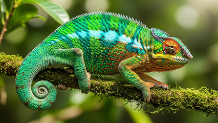 Obraz premium Vibrant Panther Chameleon on Mossy Branch in Tropical Rainforest - Colorful Exotic Reptile with Turquoise, Green, and Orange Scales, Detailed Wildlife Macro Photography