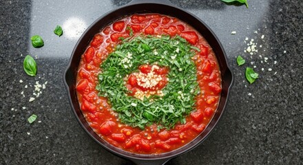 Authentic tomato sauce simmering in a pan with fresh basil and garlic garnish preparing gourmet