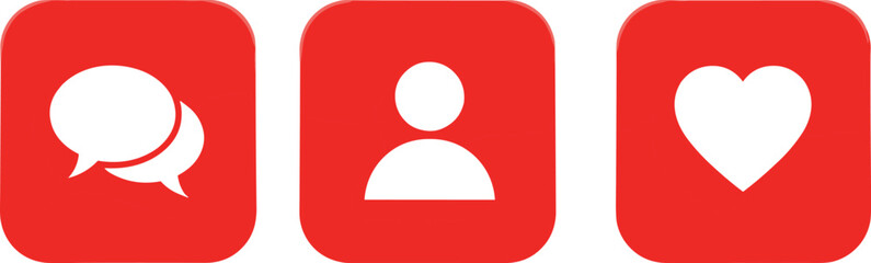 Set of red social media icons including comment, profile, and like buttons for web design, mobile applications, and digital marketing interfaces