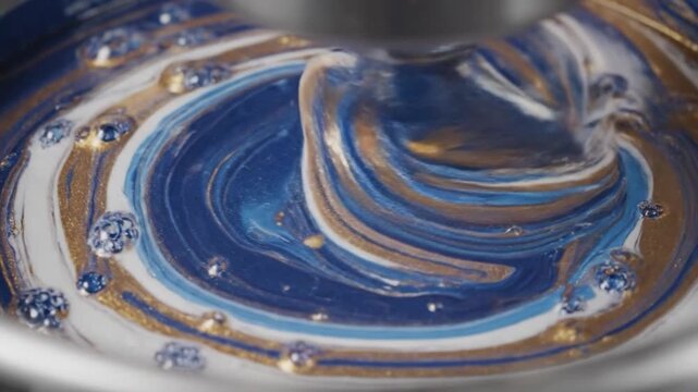 Close-up of swirling blue, gold, and white paint, with bubbles and a mixer attachment