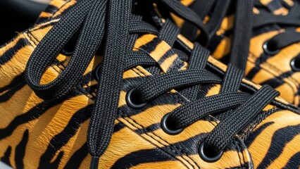 Close-up of stylish tiger stripe sneakers with black laces highlighting bold animal print design and detailing