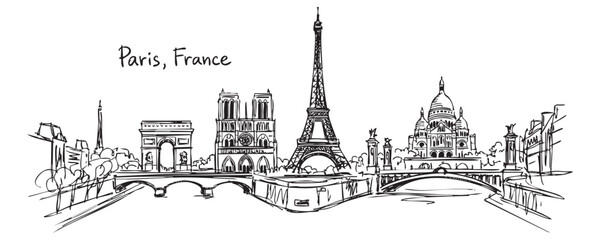 Paris France City Skyline Sketch with Eiffel Tower, Notre Dame, Arc de Triomphe, and Seine River Hand Drawn Illustration
