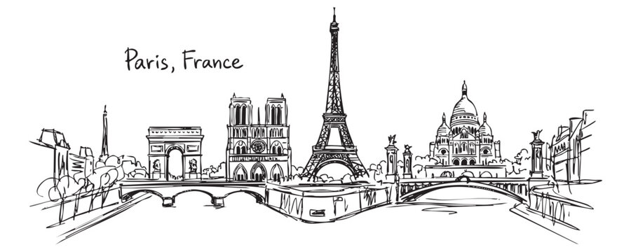 Paris France City Skyline Sketch with Eiffel Tower, Notre Dame, Arc de Triomphe, and Seine River Hand Drawn Illustration