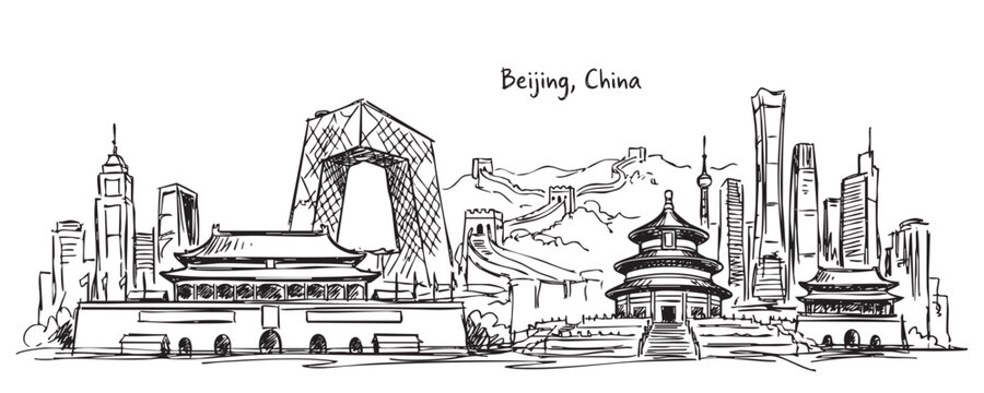 Beijing China City Skyline Sketch with Great Wall, Temple of Heaven, and Modern Skyscrapers Hand Drawn Illustration