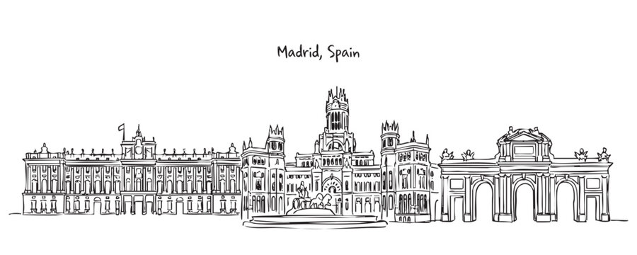 Madrid Spain City Skyline Sketch with Royal Palace, Cibeles Fountain, and Puerta de Alcal&aacute; Hand Drawn Illustration