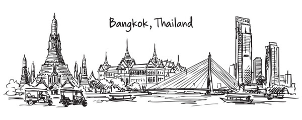 Bangkok Thailand City Skyline with Grand Palace Wat Arun and Rama VIII Bridge Hand Drawn Sketch Illustration