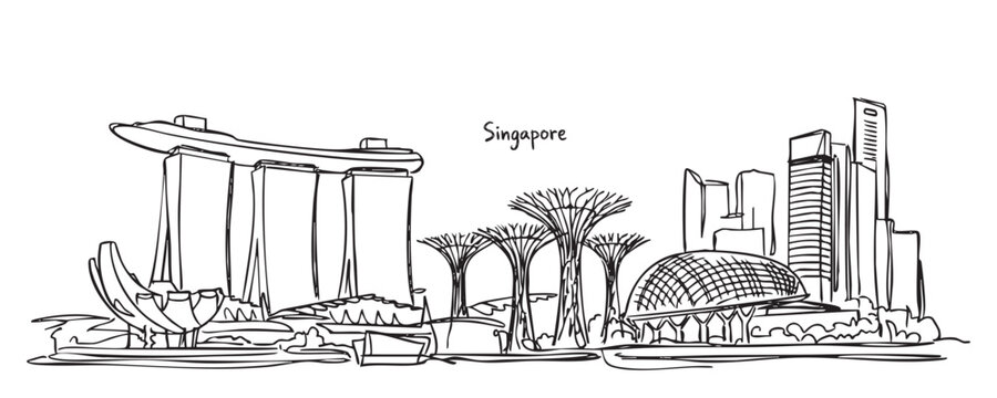 Singapore Marina Bay Skyline Line Art with Supertrees, Sands Skypark, and Gardens