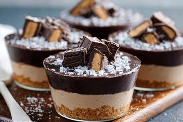 A delicious dessert of chocolate mousse with peanut butter cups on top