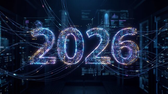 Glowing 2026 neon lights in futuristic server room background - Powered by Adobe