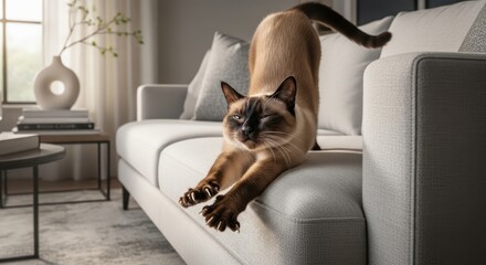 Elegant siamese cat stretching gracefully on a modern sofa bathed in soft natural light