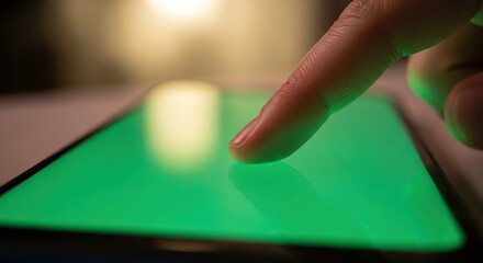 Finger interaction on a mobile device screen displays vibrant green illumination
