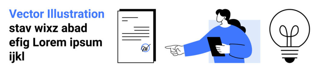 Business strategy, idea generation, professional communication, teamwork, innovation, presentation. A person with a tablet points at a document with a lightbulb symbol. Business strategy