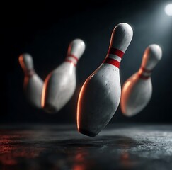 A close-up of bowling pins illuminated by a spotlight in a dark room