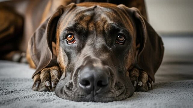 A brown dog with a sad expression lying on a gray carpet looking directly at the camera with big brown eyes and floppy ears
