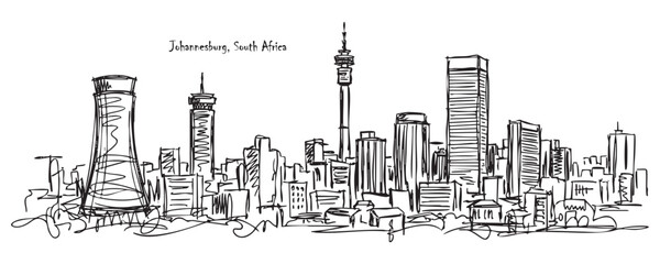 Naklejka premium Johannesburg, South Africa Skyline Sketch with Hillbrow Tower and Ponte City