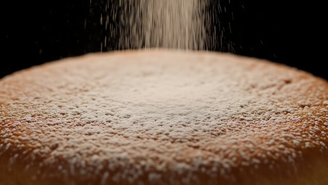 Close up of cake with powder sping out of it on black.