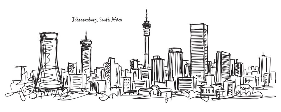 Johannesburg, South Africa Skyline Sketch with Hillbrow Tower and Ponte City
