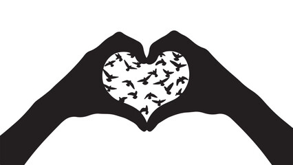 Fototapeta premium Love and Freedom: Silhouette hands form a heart, framing a flock of birds taking flight, symbolizing love and freedom.