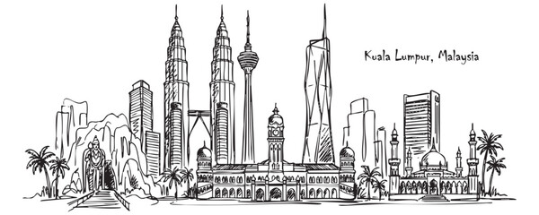 Obraz premium Kuala Lumpur, Malaysia Skyline Line Art with Petronas Twin Towers and Batu Caves