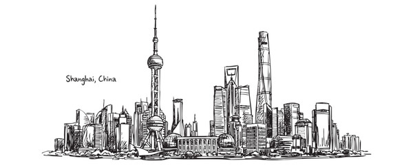 Obraz premium Shanghai, China Modern Skyline Line Drawing with Oriental Pearl and Shanghai Tower