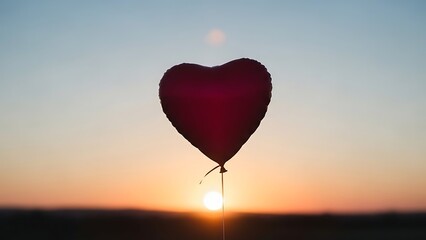 Fototapeta premium Red heart shaped balloon floating in the air at sunset with the.