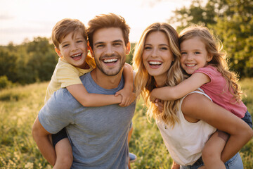 Szczęśliwa rodzina z dziećmi na świeżym powietrzu w letnim parku