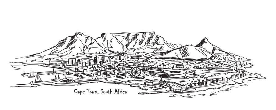 Cape Town, South Africa Skyline Sketch Featuring Table Mountain and Waterfront