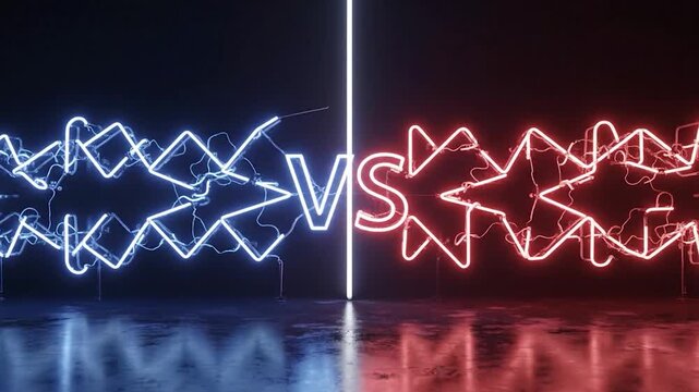 VS" in glowing neon style, dividing a background of blue and red geometric shapes, reflecting below