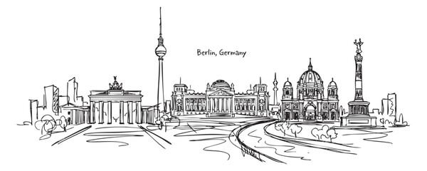 Berlin, Germany Skyline Line Art Featuring Brandenburg Gate, TV Tower, and Reichstag © trianatio