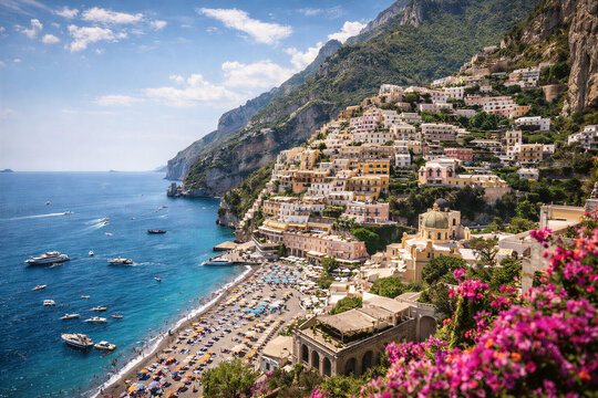 Wybrzeże Amalfi latem &ndash; kolorowe miasteczko na klifach nad Morzem Tyrreńskim