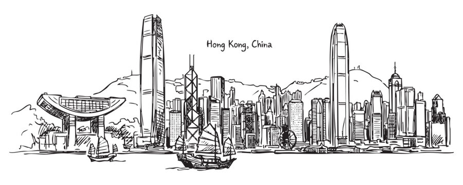 Hong Kong, China Harbor Skyline Sketch with Junk Boat and Skyscrapers