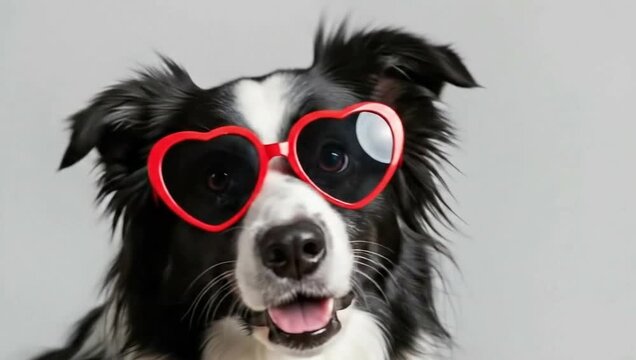 Valentines day dog lovers fun border collie wearing heart shaped glasses
